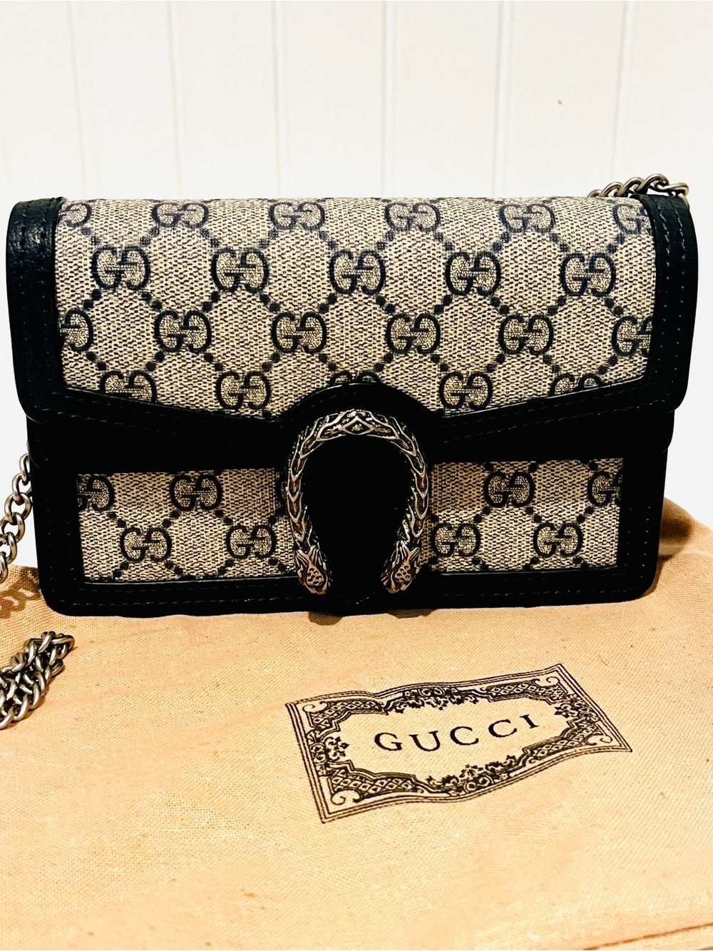 Gucci Beige GG Supreme with Dark Blue Leather Trim Dionysus Crossbody